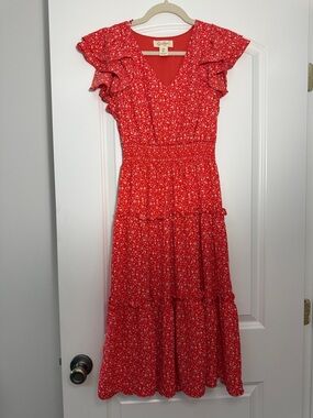 Jessica Simpson Orange Floral Midi Dress with Flutter Sleeves